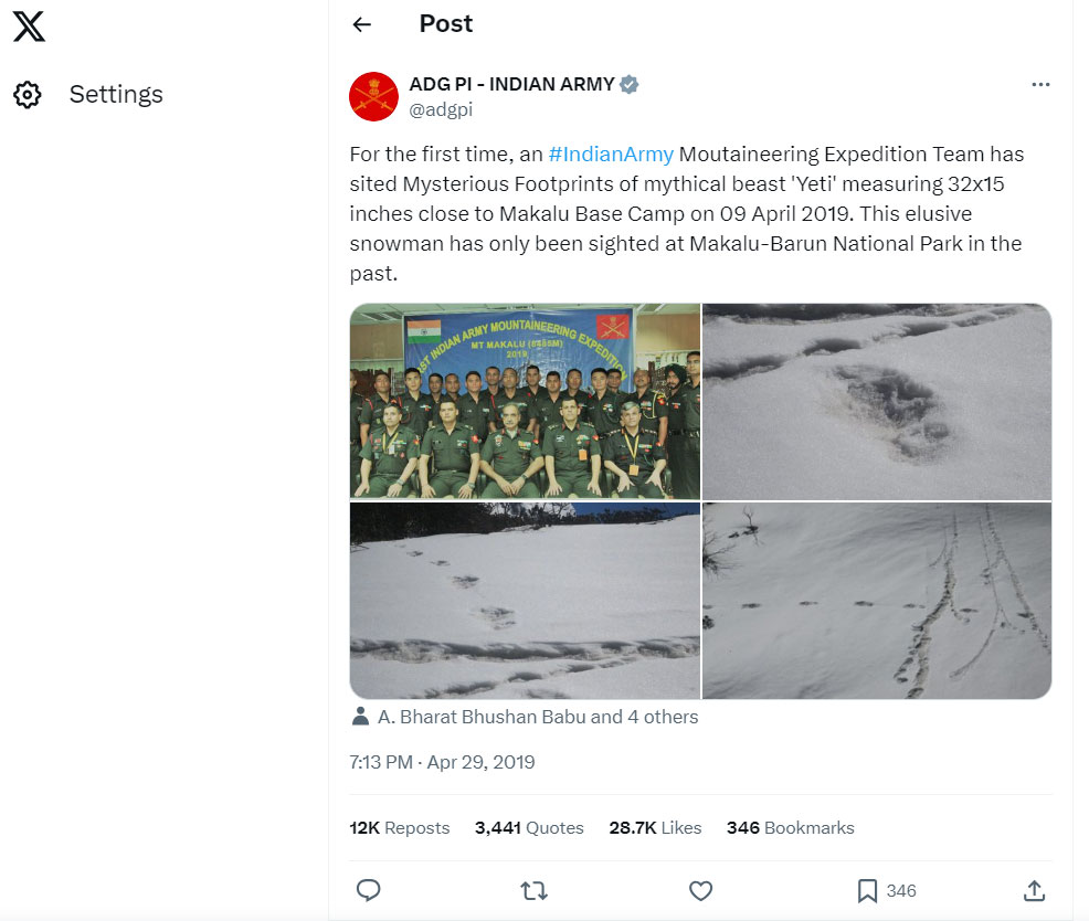 indian army - yeti sightings - cryptozoology debate - twitter post - supernatural chronicles