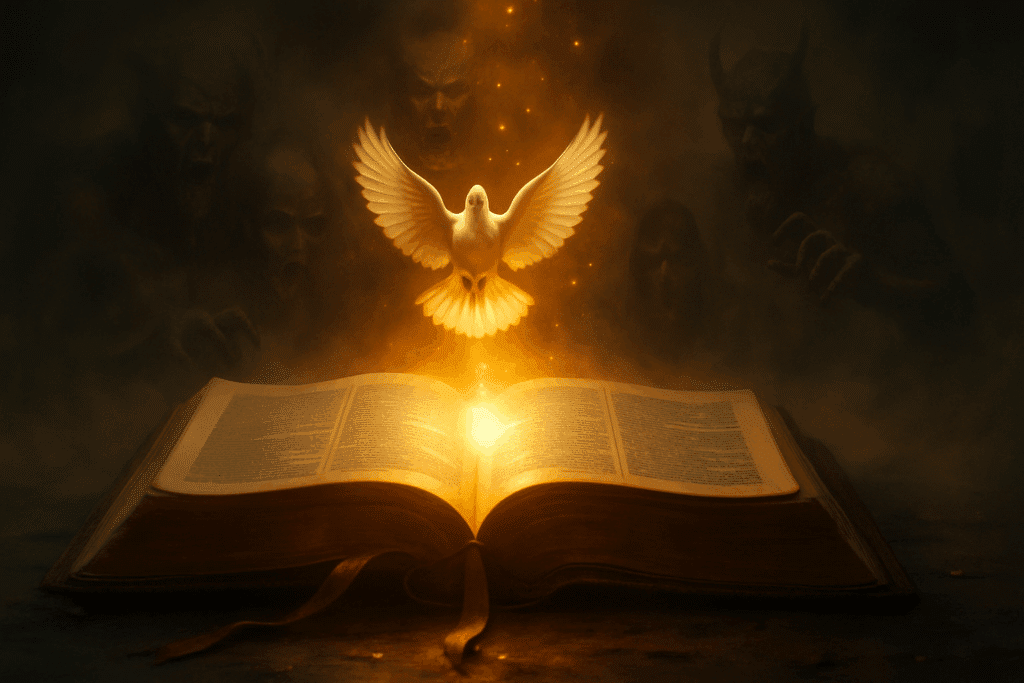 Symbolic Bible with Holy Spirit dove protecting against demonic possession in Christians and demonic oppression via spiritual warfare