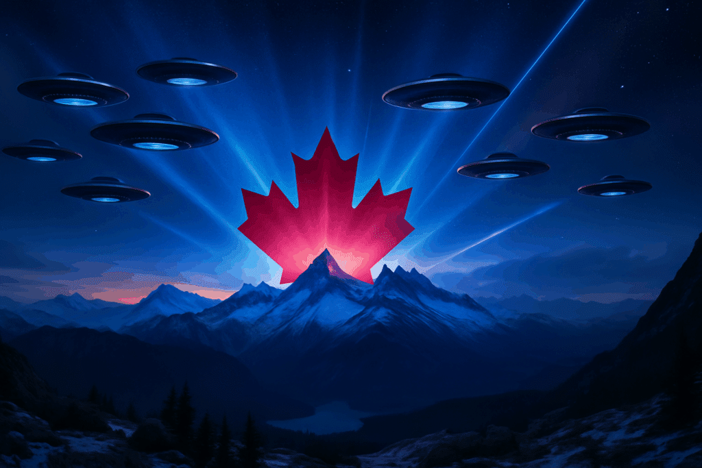 Canadian UFO report highlighting unidentified aerial phenomena through the Sky Canada Project, showing mysterious lights in the night sky over Canada