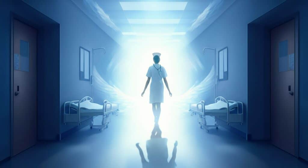 ER nurse ascending through light tunnel in near-death experience revealing heaven vision and divine encounter