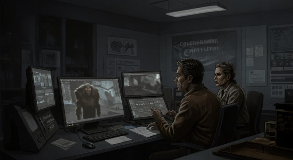 Composite of experts analyzing Pueblo mystery creature footage with Chupacabra speculation and raccoon with mange focus for open-minded cryptid and science blend
