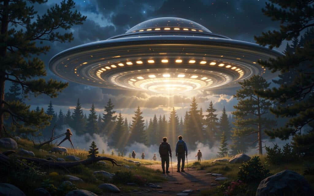 Hikers witness UFO sighting during alien encounter in July 2025 forest, sparking extraterrestrial debates