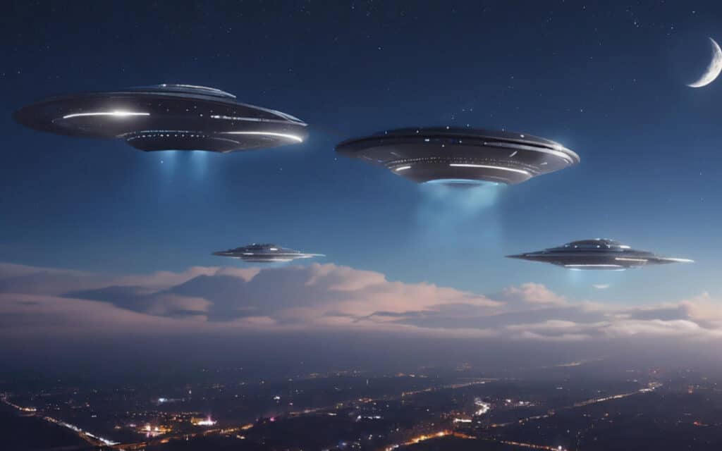 UFO sightings 2025 surge showing unexplained aerial phenomena in night sky over city
