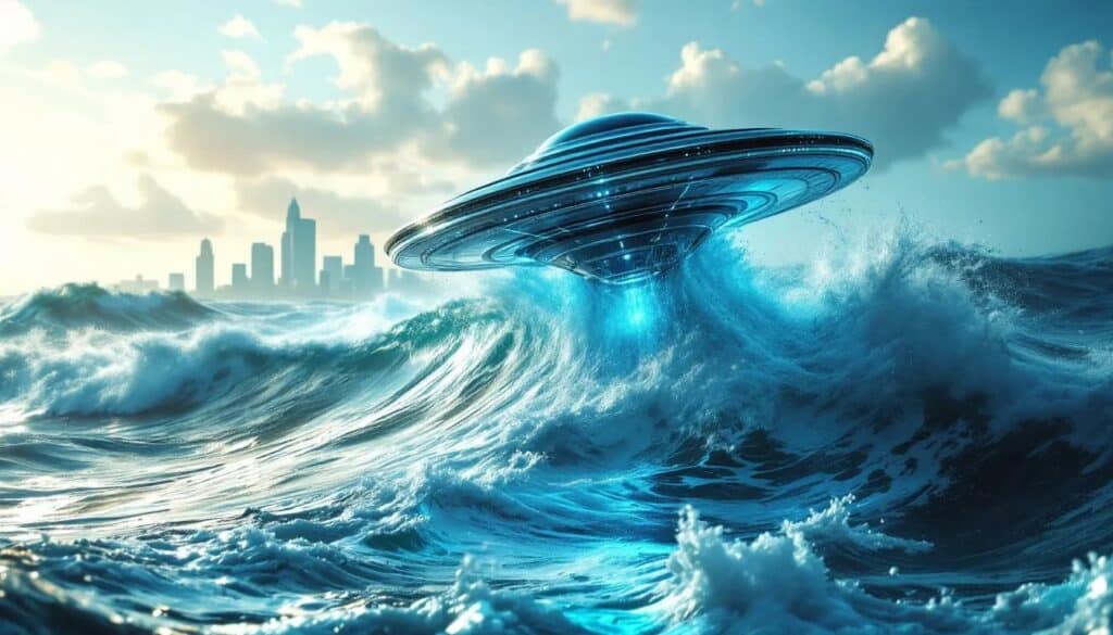 Dramatic view of water-based UAP rising from ocean in Los Angeles coast encounter, highlighting submerged unidentified phenomenon